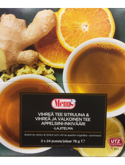 Зелёный лимонный и белый имбирно-апельсиновый чай Menu (Финляндия, 48 пакетиков)