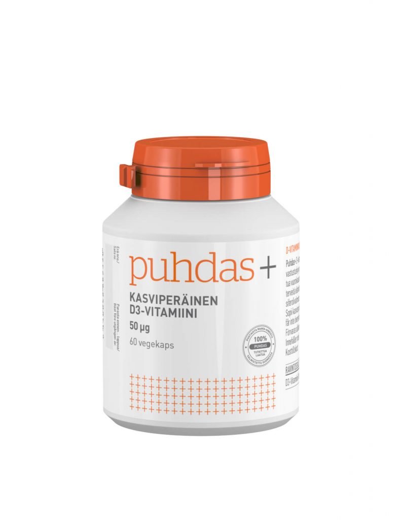 Витамин D растительного происхождения PUHDAS+ KASVIPERÄINEN D3-VITAMIINI 100 MIKROG (Финляндия, 60 шт)